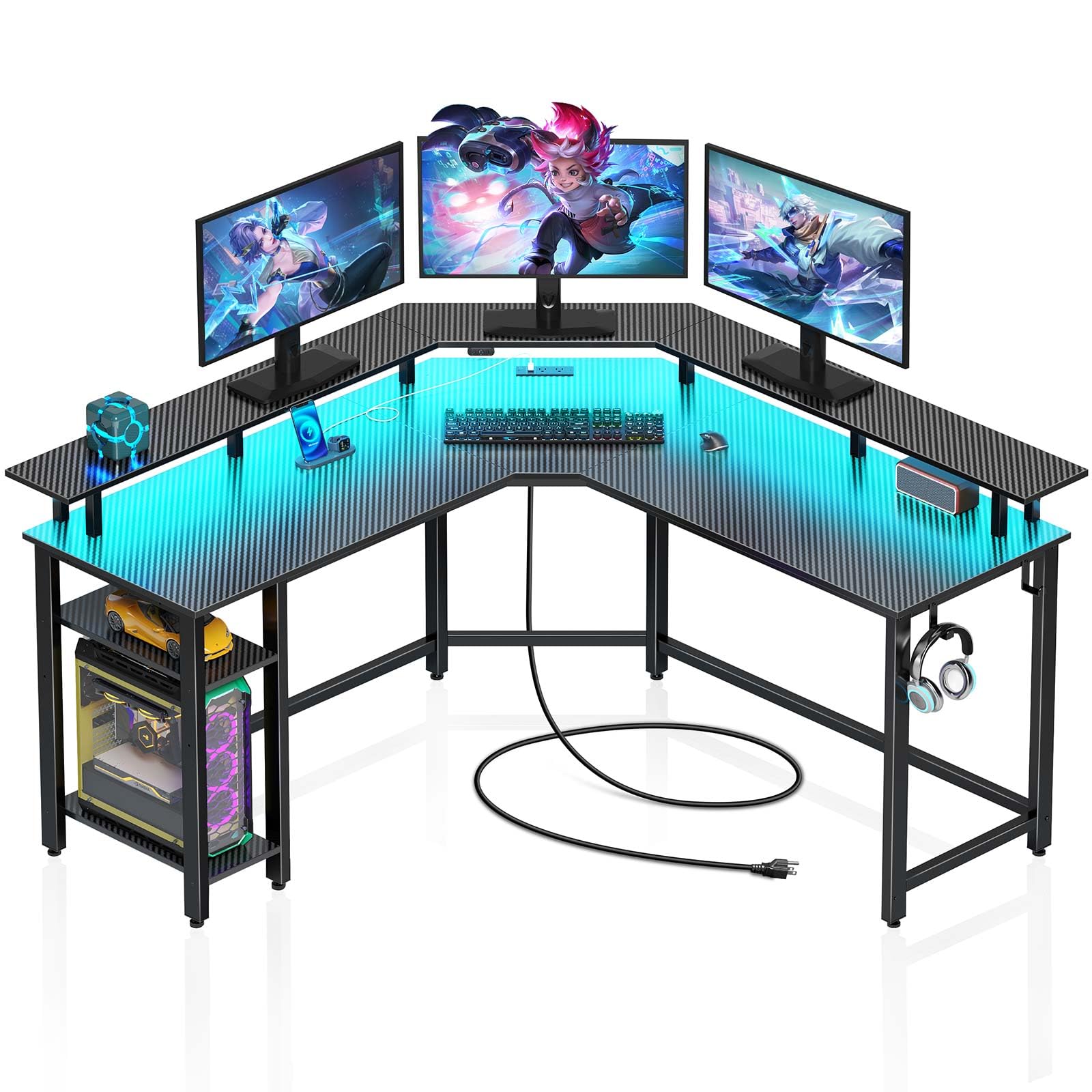 Rolanstar L Shaped Gaming Desk With Power Outlets & LED Lights, Reversible Computer Desk With Keyboard Tray, Storage Shelves, Monitor Stand & Hutch For Home Office, White