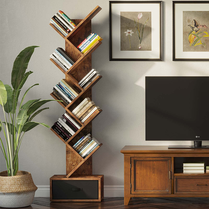 Rolanstar Bookshelf with Drawer, Floor Standing Tree Bookcase, Bookshelves Storage Rack