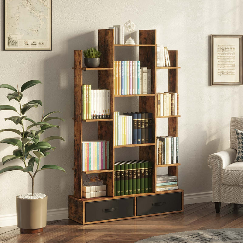 Rolanstar Bookshelf with 2 Drawers, Free Standing Tree Bookcase