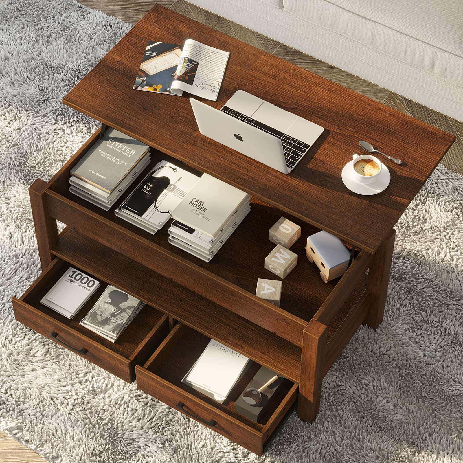 Rolanstar Coffee Table, Lift Top Coffee Table with Drawers and Hidden