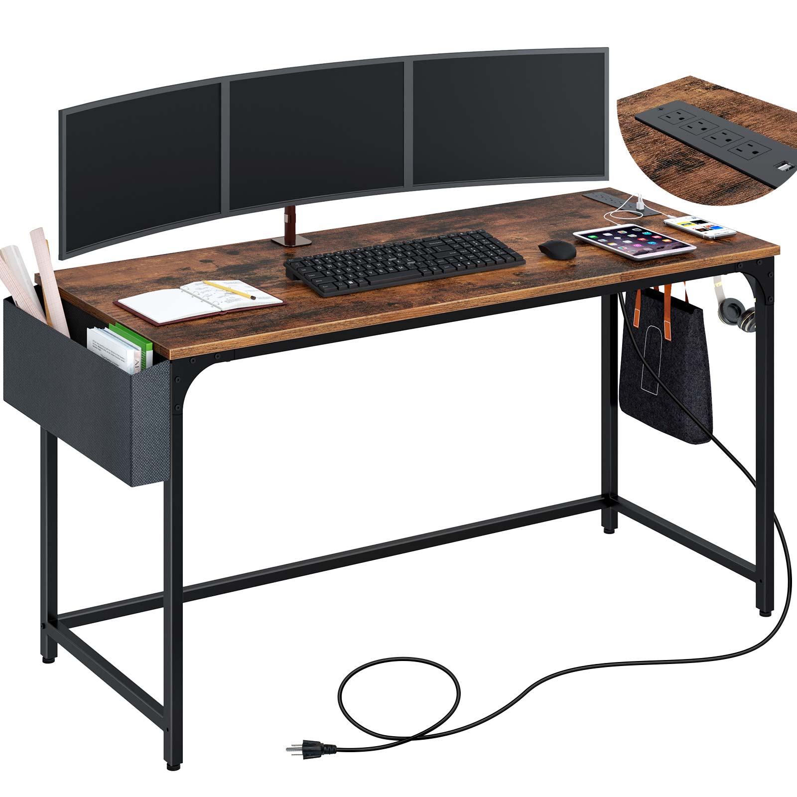 Rolanstar Computer Desk with Power Outlet, Side Storage Bag and Iron Hooks  55 Inch