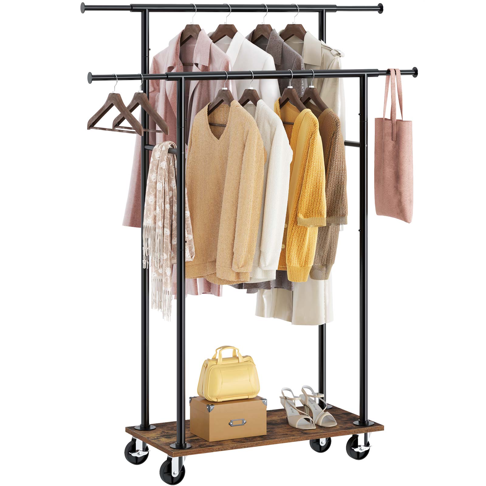 Rolanstar Heavy Duty Extendable Double Rod Clothes Rack with Wooden Sh