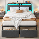 Rolanstar Bed Frame with Ergonomic Headboard Storage & Charging Station, Upholstered Platform Bed with LED Light & Drawer, Heavy Duty Metal Slats, Noise Free, No Box Spring Needed, Grey