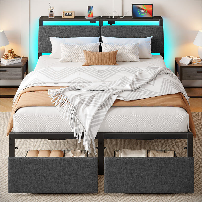 Rolanstar Bed Frame with Ergonomic Headboard Storage & Charging Station, Upholstered Platform Bed with LED Light & Drawer, Heavy Duty Metal Slats, Noise Free, No Box Spring Needed, Grey
