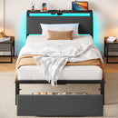 Rolanstar Bed Frame with Ergonomic Headboard Storage & Charging Station, Upholstered Platform Bed with LED Light & Drawer, Heavy Duty Metal Slats, Noise Free, No Box Spring Needed, Grey