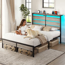 Rolanstar Queen Bed Frame with LED Lights and Charging Station, Wood Storage Headboard and Under Bed Storage, Metal Platform, Noise Free, No Box Spring Needed, Grey