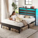Rolanstar Full Size Bed Frame with LED Lights and Charging Station, Wood Storage Headboard and Under Bed Storage, Metal Platform, Noise Free, No Box Spring Needed, Balck Oak