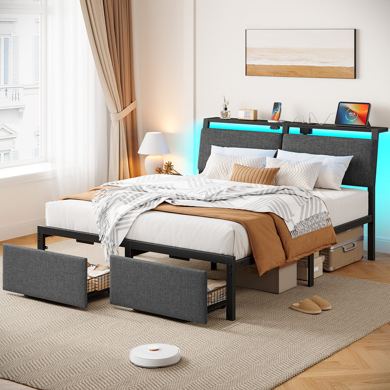 Rolanstar Bed Frame with Ergonomic Headboard Storage & Charging Station, Upholstered Platform Bed with LED Light & Drawer, Heavy Duty Metal Slats, Noise Free, No Box Spring Needed, Grey