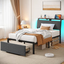 Rolanstar Bed Frame with Ergonomic Headboard Storage & Charging Station, Upholstered Platform Bed with LED Light & Drawer, Heavy Duty Metal Slats, Noise Free, No Box Spring Needed, Grey