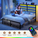 Rolanstar Full Size Bed Frame with LED Lights and Charging Station, Wood Storage Headboard and Under Bed Storage, Metal Platform, Noise Free, No Box Spring Needed, Grey