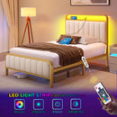 Rolanstar Twin Size Bed Frame with LED Light and Charging Station, Upholstered Headboard and Footboard, Metal Slat, Noise Free, Easy Assembly, Golden and Beige