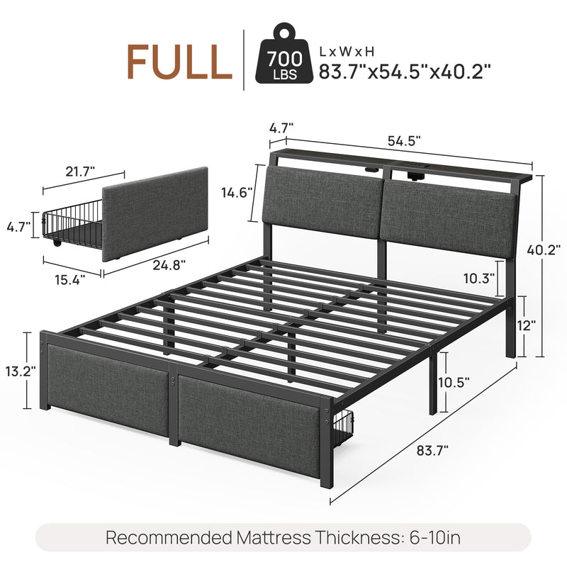 Rolanstar Bed Frame with Ergonomic Headboard Storage & Charging Station, Upholstered Platform Bed with LED Light & Drawer, Heavy Duty Metal Slats, Noise Free, No Box Spring Needed, Grey