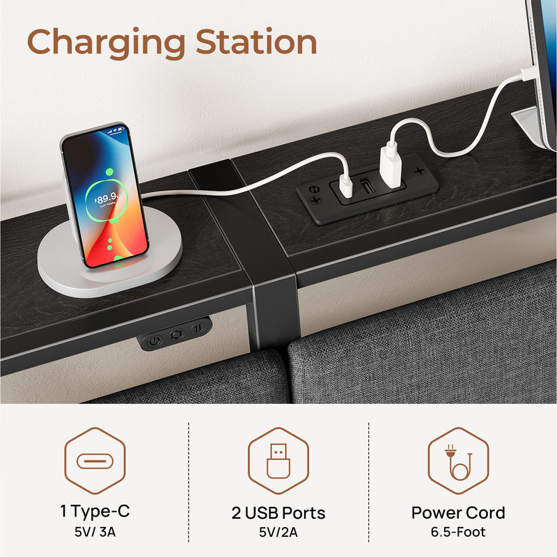 Rolanstar Bed Frame with Ergonomic Headboard Storage & Charging Station, Upholstered Platform Bed with LED Light & Drawer, Heavy Duty Metal Slats, Noise Free, No Box Spring Needed, Grey