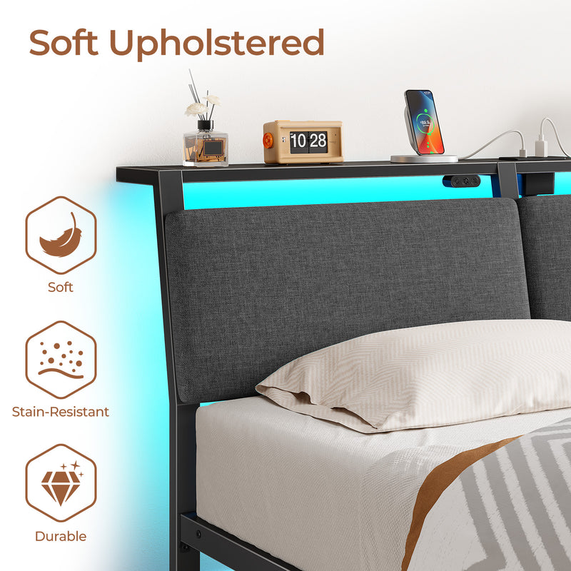 Rolanstar Bed Frame with Ergonomic Headboard Storage & Charging Station, Upholstered Platform Bed with LED Light & Drawer, Heavy Duty Metal Slats, Noise Free, No Box Spring Needed, Grey