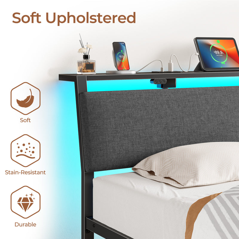 Rolanstar Bed Frame with Ergonomic Headboard Storage & Charging Station, Upholstered Platform Bed with LED Light & Drawer, Heavy Duty Metal Slats, Noise Free, No Box Spring Needed, Grey