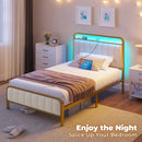 Rolanstar Twin Size Bed Frame with LED Light and Charging Station, Upholstered Headboard and Footboard, Metal Slat, Noise Free, Easy Assembly, Golden and Beige