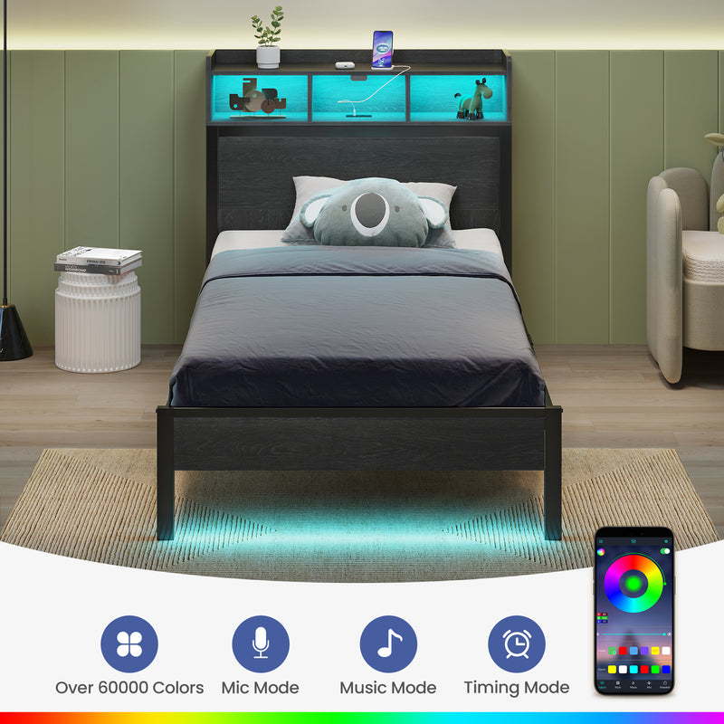 Bed Frame with Headboard & 2 Hidden Storage Cabinets, Bed with Charging Station & RGB LED Lights