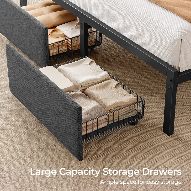 Rolanstar Bed Frame with Ergonomic Headboard Storage & Charging Station, Upholstered Platform Bed with LED Light & Drawer, Heavy Duty Metal Slats, Noise Free, No Box Spring Needed, Grey