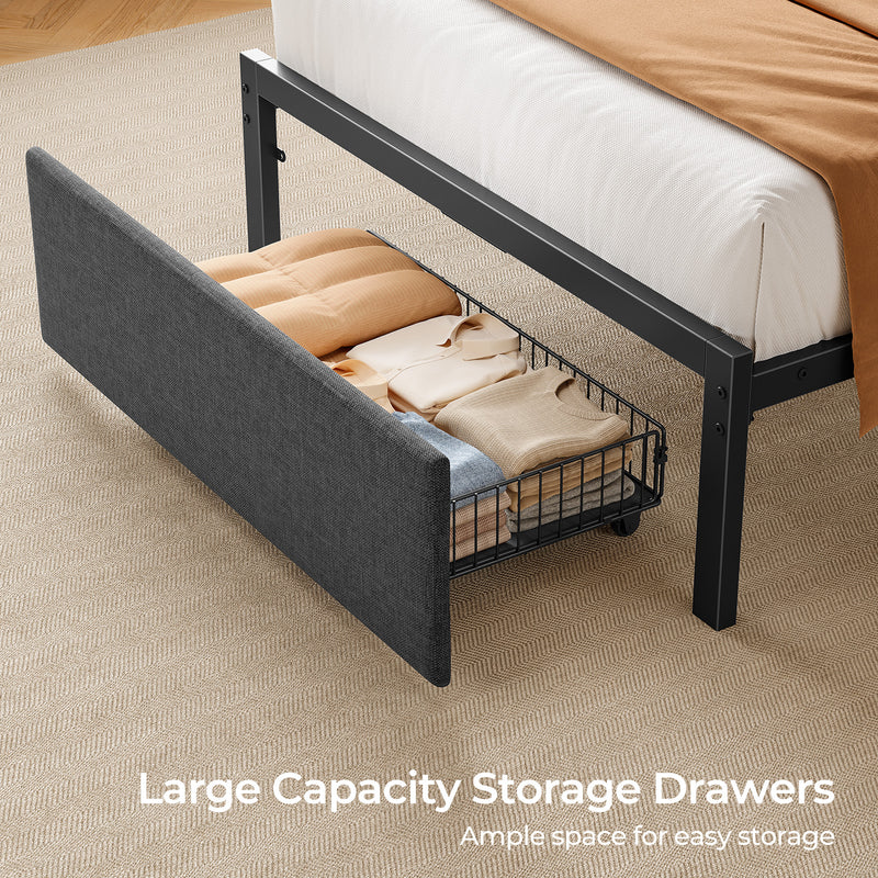 Rolanstar Bed Frame with Ergonomic Headboard Storage & Charging Station, Upholstered Platform Bed with LED Light & Drawer, Heavy Duty Metal Slats, Noise Free, No Box Spring Needed, Grey