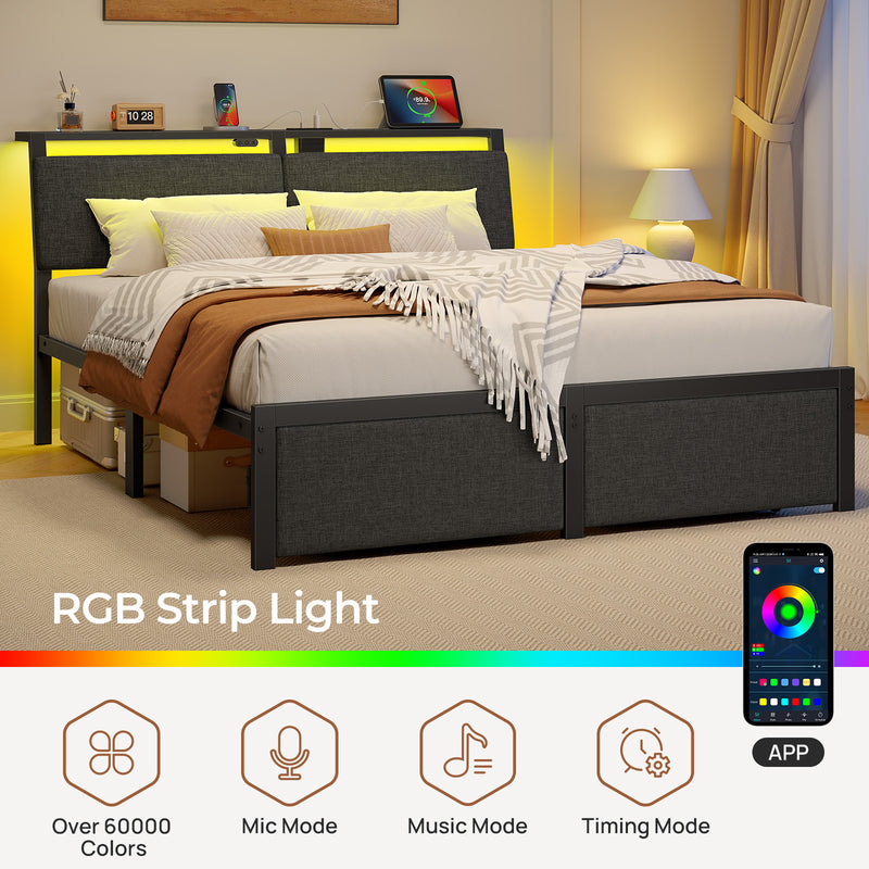 Rolanstar Bed Frame with Ergonomic Headboard Storage & Charging Station, Upholstered Platform Bed with LED Light & Drawer, Heavy Duty Metal Slats, Noise Free, No Box Spring Needed, Grey