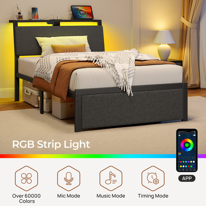 Rolanstar Bed Frame with Ergonomic Headboard Storage & Charging Station, Upholstered Platform Bed with LED Light & Drawer, Heavy Duty Metal Slats, Noise Free, No Box Spring Needed, Grey