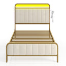 Rolanstar Twin Size Bed Frame with LED Light and Charging Station, Upholstered Headboard and Footboard, Metal Slat, Noise Free, Easy Assembly, Golden and Beige