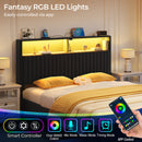 Rolanstar Headboard for Full Size Bed with Storage, Velvet Upholstered Head Board with USB & Type C Port, 60,000 DIY Color of LED Light, Height Adjustable, Sturdy, Easy Assembly, Black