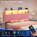 Rolanstar Headboard for Full Size Bed with Storage, Head Board with USB & Type C Port, 60,000 DIY Color of LED Light, Velvet Upholstered, Height Adjustable, Sturdy, Easy Assembly, Pink