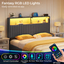 Rolanstar Headboard for Full Size Bed with Storage, Velvet Upholstered Head Board with USB & Type C Port, 60,000 DIY Color of LED Light, Height Adjustable, Sturdy, Easy Assembly, Grey
