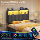 Rolanstar Headboard for Twin Size Bed with Storage, Velvet Upholstered Head Board with USB & Type C Port, 60,000 DIY Color of LED Light, Height Adjustable, Sturdy, Easy Assembly, Grey