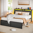 Rolanstar Bed Frame with Ergonomic Headboard Storage & Charging Station, Upholstered Platform Bed with LED Light & Drawer, Heavy Duty Metal Slats, Noise Free, No Box Spring Needed, Grey