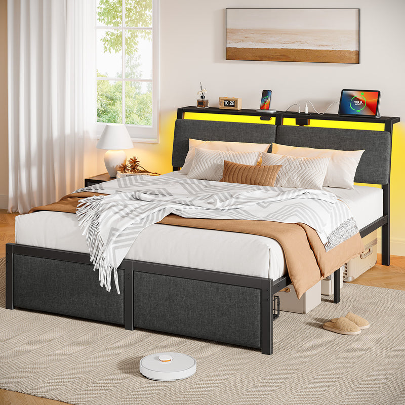 Rolanstar Bed Frame with Ergonomic Headboard Storage & Charging Station, Upholstered Platform Bed with LED Light & Drawer, Heavy Duty Metal Slats, Noise Free, No Box Spring Needed, Grey