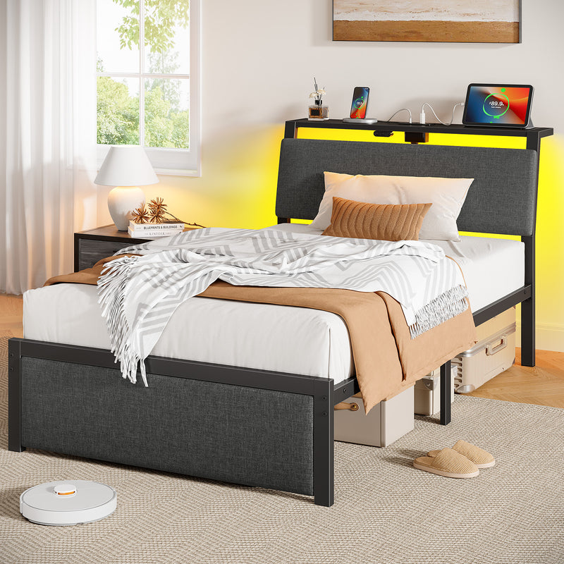 Rolanstar Bed Frame with Ergonomic Headboard Storage & Charging Station, Upholstered Platform Bed with LED Light & Drawer, Heavy Duty Metal Slats, Noise Free, No Box Spring Needed, Grey