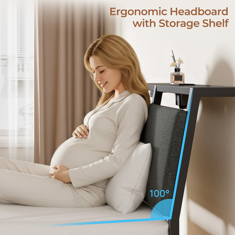 Rolanstar Bed Frame with Ergonomic Headboard Storage & Charging Station, Upholstered Platform Bed with LED Light & Drawer, Heavy Duty Metal Slats, Noise Free, No Box Spring Needed, Grey