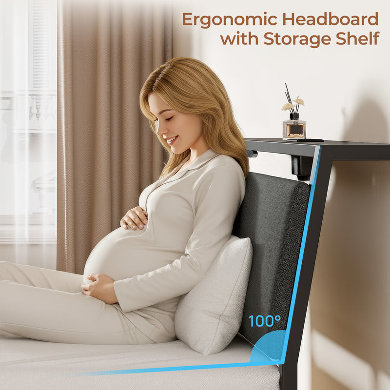 Rolanstar Bed Frame with Ergonomic Headboard Storage & Charging Station, Upholstered Platform Bed with LED Light & Drawer, Heavy Duty Metal Slats, Noise Free, No Box Spring Needed, Grey