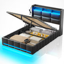 Rolanstar Bed Frame with Lift Up Storage, Charging Station & LED Lights, Upholstered Storage Headboard, Heavy Duty Wooden Slats, No Box Spring Needed, Noise Free, Easy Assembly