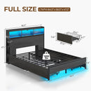 Rolanstar Full Bed Frame with Storage Headboard, Metal Platform Bed with Charging Station, LED, 4 Drawers, Bookcase Storage, No Box Spring Needed, Easy Assembly, Noise-Free, Black