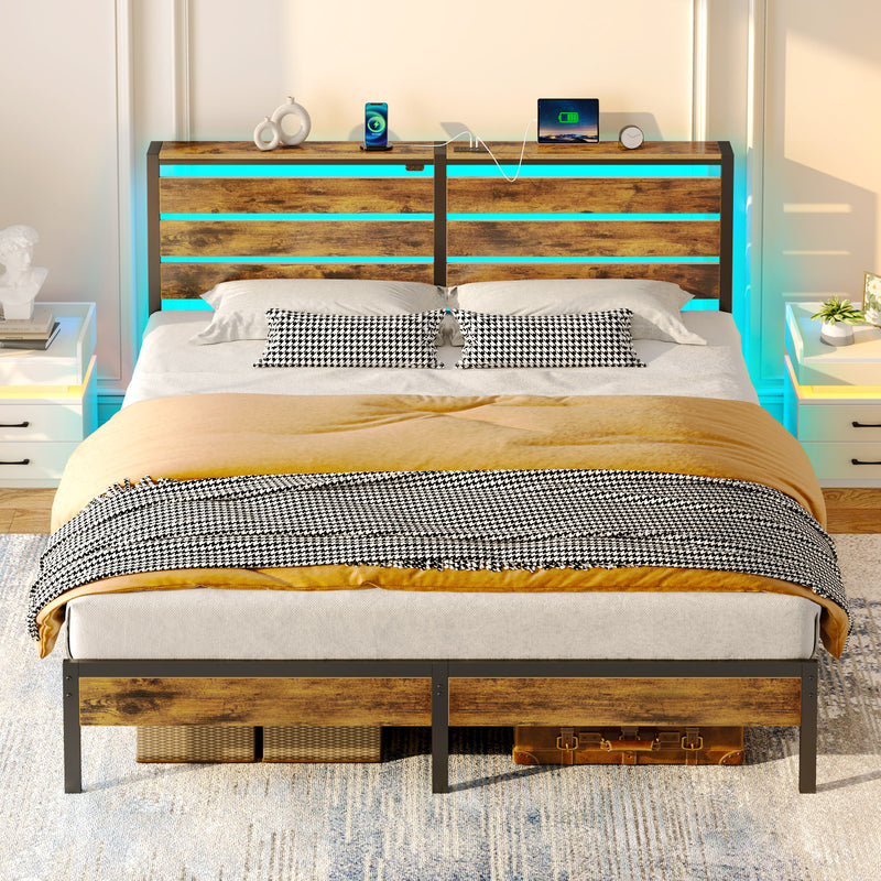 Rolanstar Bed Frame King Size with USB Charging Station, LED Bed Frame with Wood Storage Headboard, Rustic Brown Metal Platform Bed with Under Bed Storage, No Box Spring Needed, Noise Free
