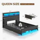 Rolanstar Queen Bed Frame with Storage Headboard, Metal Platform Charging Station, LED 4 Drawers, Bookcase Storage, No Box Spring Needed, Easy Assembly, Noise-Free, Black