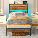 Rolanstar Bed Frame Twin Size with USB Charging Station, LED Bed Frame with Wood Storage Headboard, Rustic Brown Metal Platform Bed with Under Bed Storage, No Box Spring Needed, Noise Free