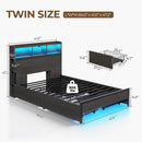 Rolanstar Twin Bed Frame with Storage Headboard, Metal Platform Bed with Charging Station, LED Bed Frame with 4 Drawers, Bookcase Storage, No Box Spring Needed, Easy Assembly, Noise-Free, Black