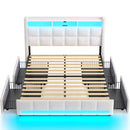 Rolanstar Queen Size Bed Frame with LED Lights and Charging Station, Upholstered Bed Storage Headboard & Drawers, Heavy Duty Wood Slats, Easy Assembly, White
