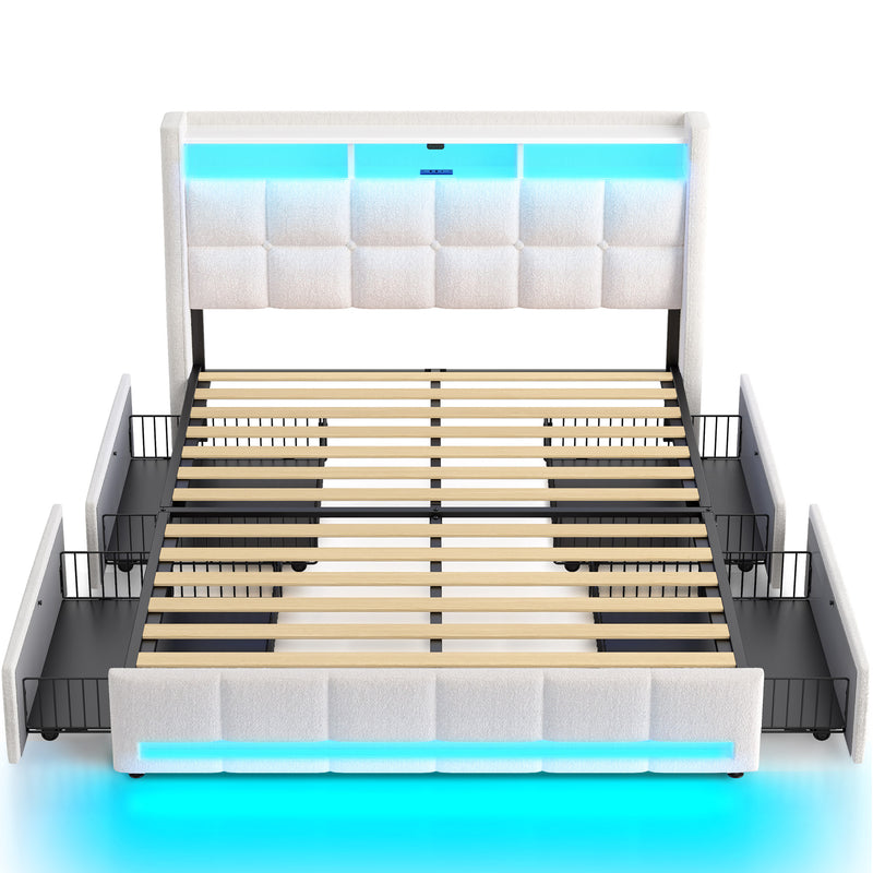 Rolanstar Full Size Bed Frame with LED Lights and Charging Station, Upholstered Bed Storage Headboard & Drawers, Heavy Duty Wood Slats, Easy Assembly, White