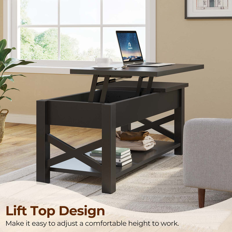 Rolanstar Coffee Table 47.2", 2 Way Lift Top Farmhouse Center Table with Hidden Compartment, Open Shelf & X Wooden Support for Living Room, Black