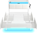 Rolanstar Bed Frame with Charging Station and LED Lights, Upholstered Storage Headboard with Drawers, Heavy Duty Metal Slats, No Box Spring Needed, Noise Free, Easy Assembly