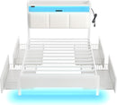 Rolanstar Bed Frame with Charging Station and LED Lights, Upholstered Storage Headboard with Drawers, Heavy Duty Metal Slats, No Box Spring Needed, Noise Free, Easy Assembly
