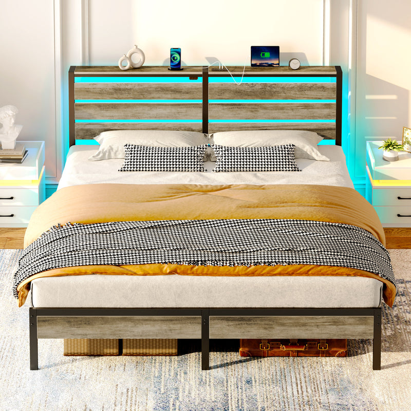 Rolanstar Bed Frame King Size with USB Charging Station, LED Bed Frame with Wood Storage Headboard, Light Grey Metal Platform Bed with Under Bed Storage, No Box Spring Needed, Noise Free
