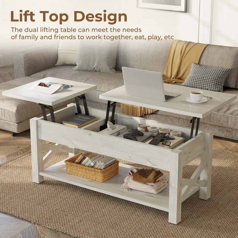 Rolanstar 47.2" Lift Top Coffee Table with Hidden Compartment, 2 Way Lift Top Coffee Table with Open Shelf & X Wooded Support, Farmhouse Center Table for Living Room, Grey