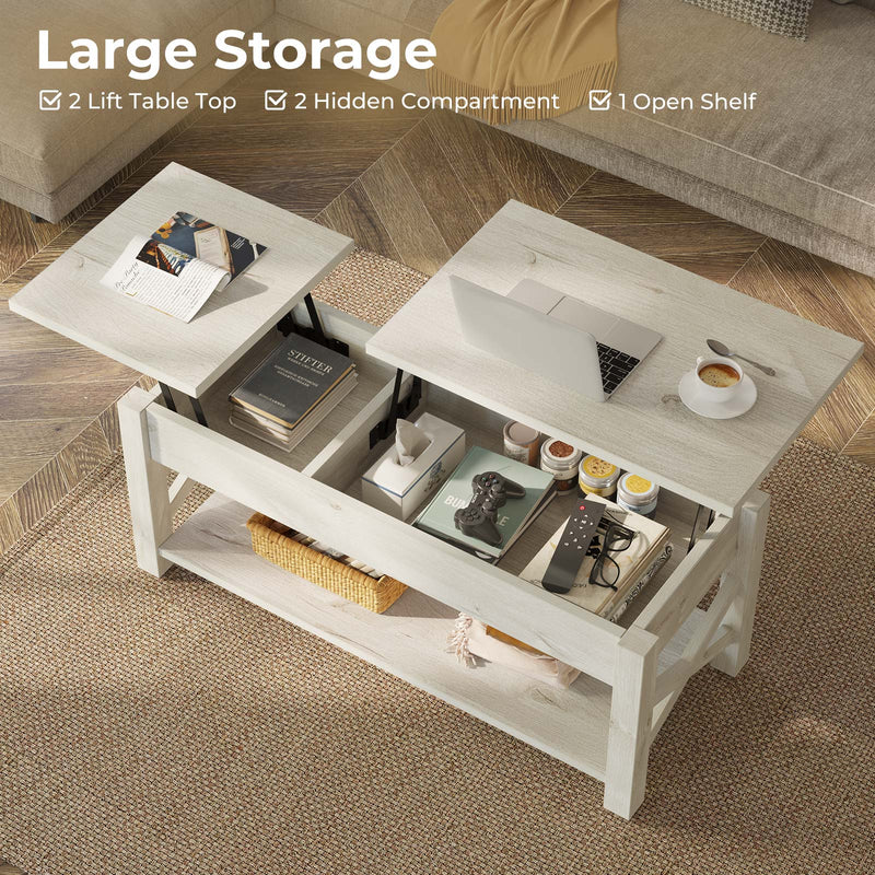 Rolanstar 47.2" Lift Top Coffee Table with Hidden Compartment, 2 Way Lift Top Coffee Table with Open Shelf & X Wooded Support, Farmhouse Center Table for Living Room, Grey