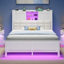 Rolanstar Bed Frame  with Charging Station, Bookcase Headboard Bed with LED Light and Sliding Doors, Platform Bed with Wooden Slats, No Box Spring Needed, Noise Free